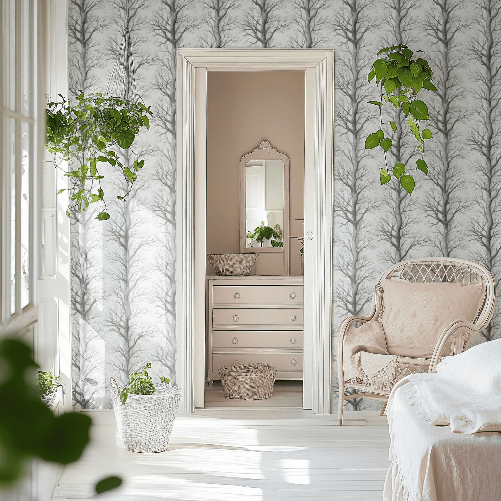 White Tree Pattern Wallpaper shown in a second interior with the pencil forest reading as illustrative quiet woodland decoration