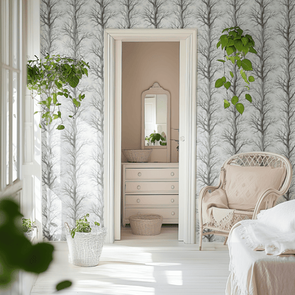 White Tree Pattern Wallpaper shown in a second interior with the pencil forest reading as illustrative quiet woodland decoration