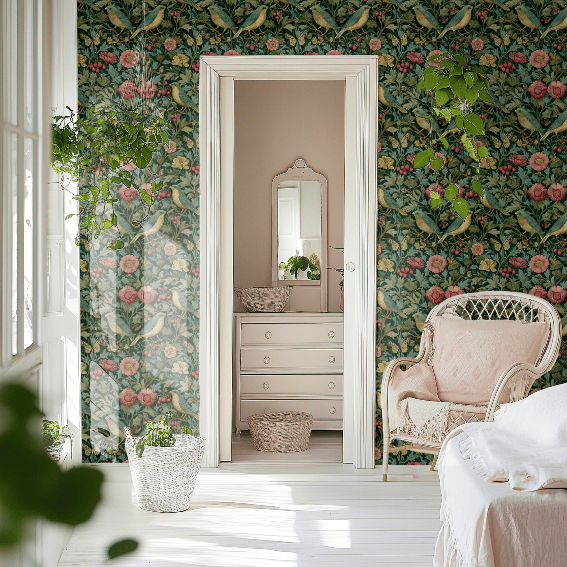 Green Floral Wallpaper shown in a second interior with the woodland acanthus reading as country-house Victorian decoration