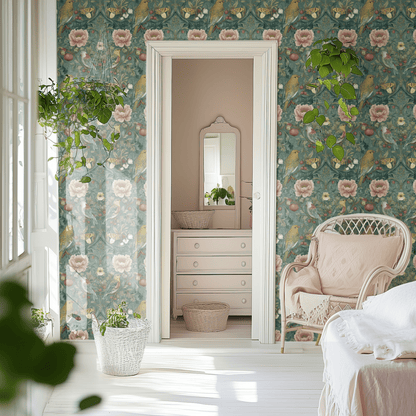 Green Floral Wallpaper shown in a second room with the rosy chinoiserie aviary reading as traditional country-house decoration
