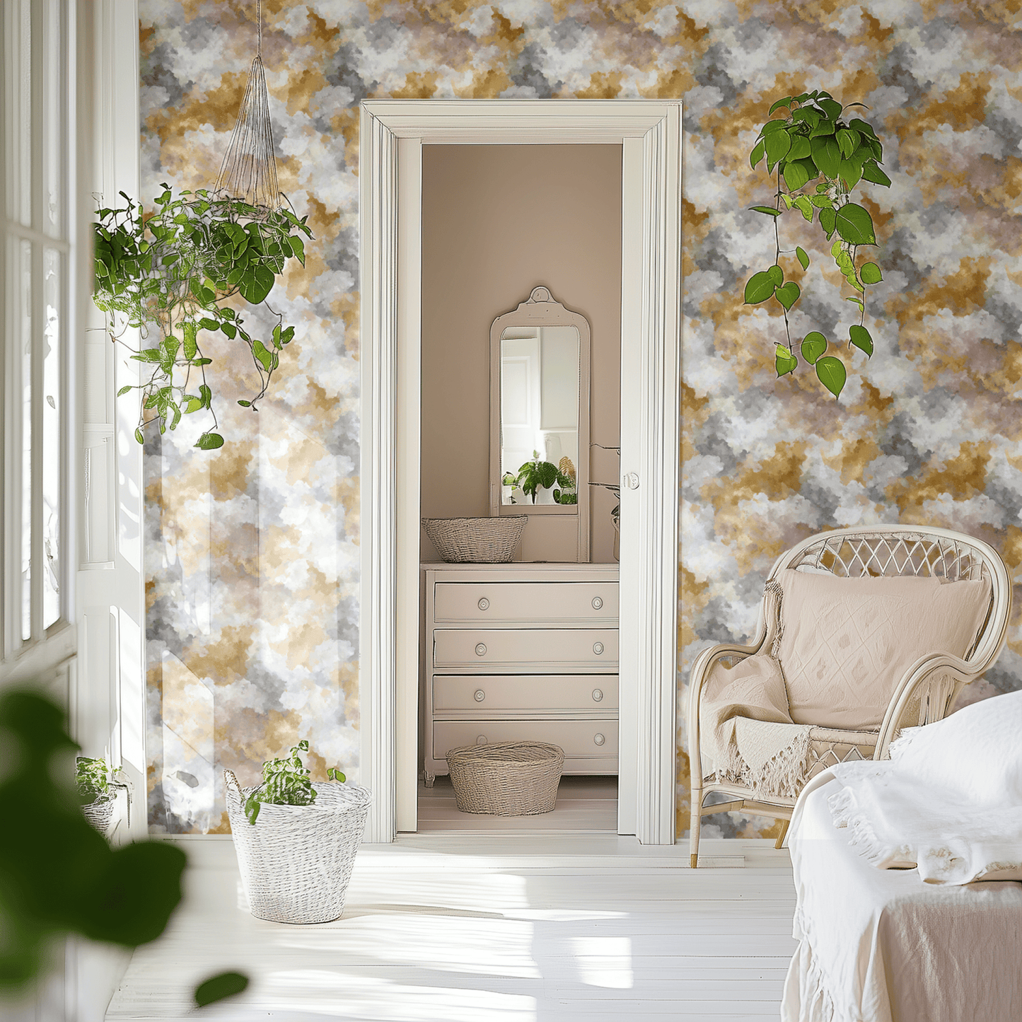 Neutral Abstract Wallpaper shown in a second interior with the opulent nimbus reading as softly luxurious abstract decoration