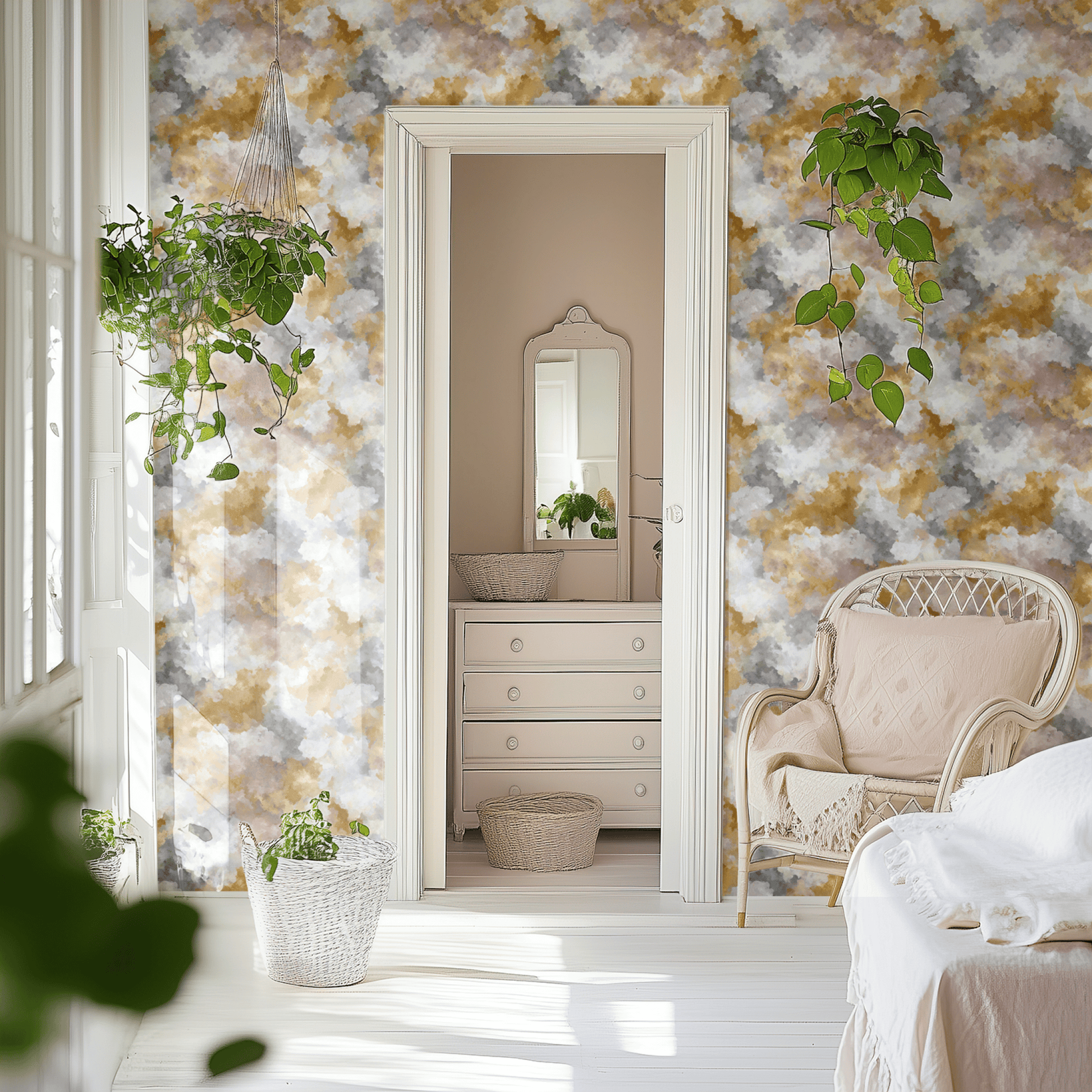 Neutral Abstract Wallpaper shown in a second interior with the opulent nimbus reading as softly luxurious abstract decoration