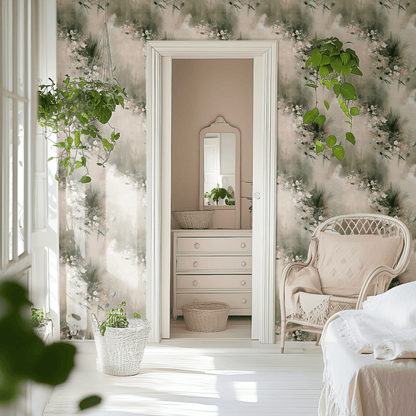 Green Floral Wallpaper shown in a second room with the watercolor daisies reading as gentle bedroom-appropriate decoration