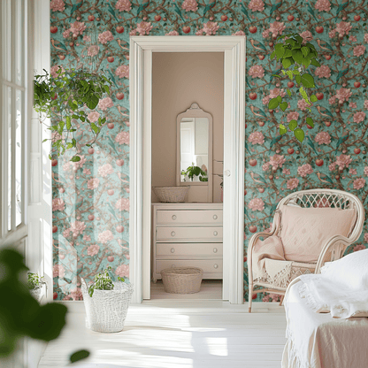 Green Floral Wallpaper shown in a second room with the rich peony-and-bird composition reading as decoratively complete