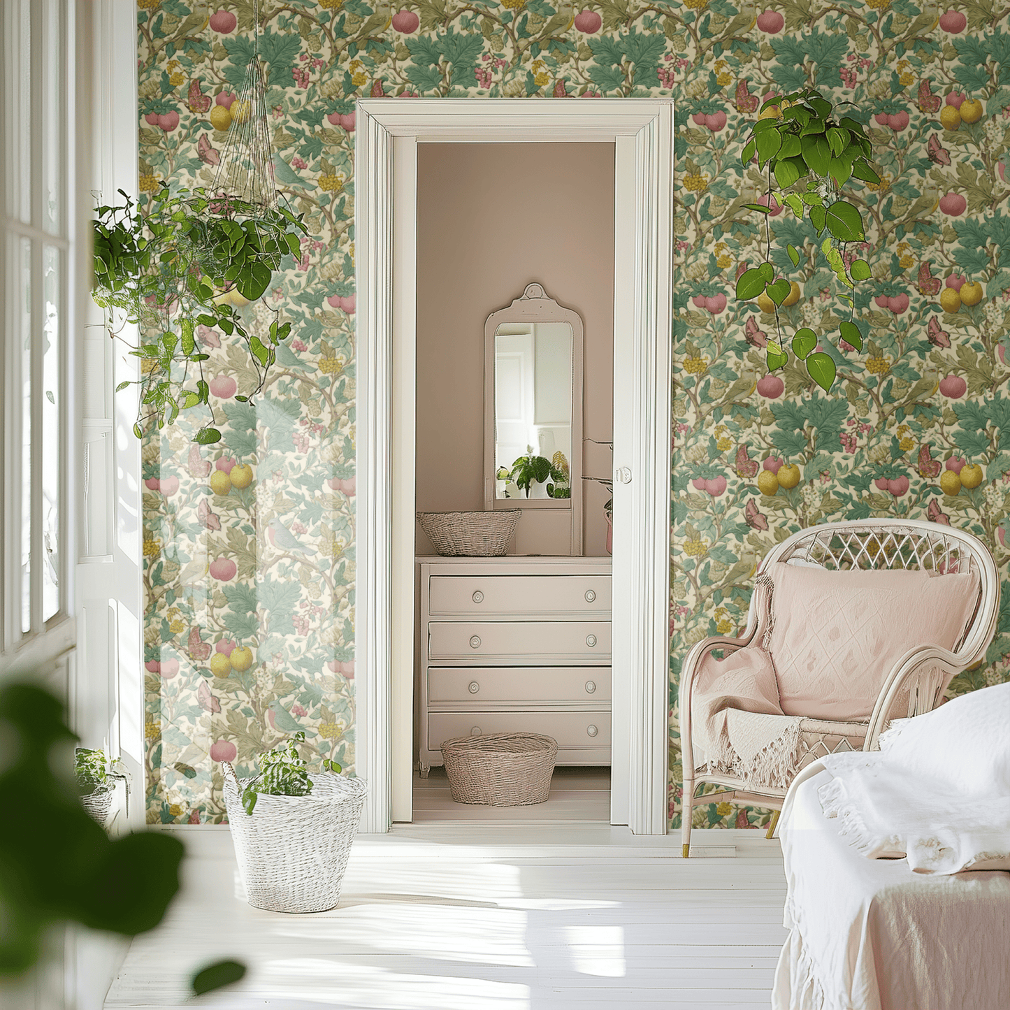 Cream Bird Pattern Wallpaper shown in a second interior with the rosy orchard reading as warmly fresh fruit decoration