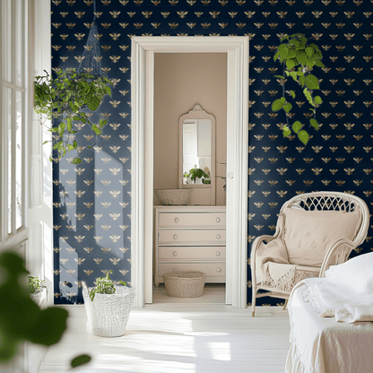 Blue Animal Print Wallpaper shown in a second room with the metallic bees reading as a playful naturalistic accent against the blue ground