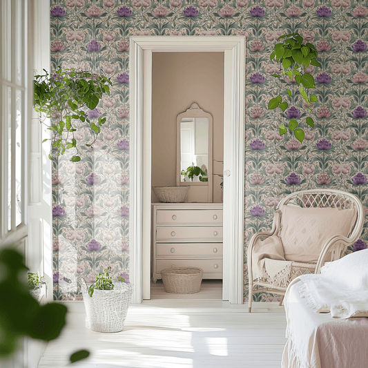 Lilac Verdure wallpaper with art nouveau verdure florals in cream and lilac, shown installed on a living-room wall at room scale