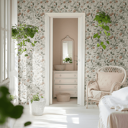 Green Floral Wallpaper shown in a second interior with the quiet neutral pattern reading as subtle textured background