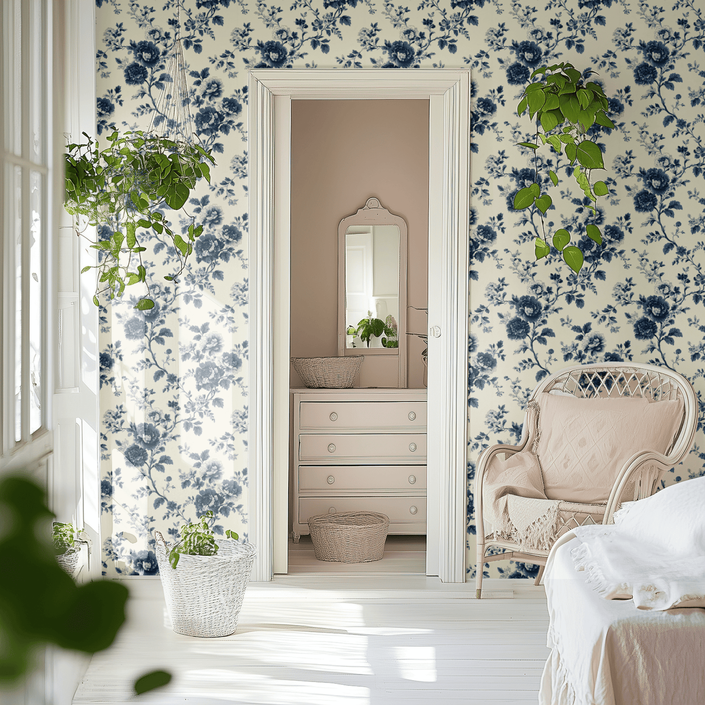 Blue Floral Wallpaper shown in a second interior with the denim-blue magnolias reading as contemporary update on traditional Arts and Crafts