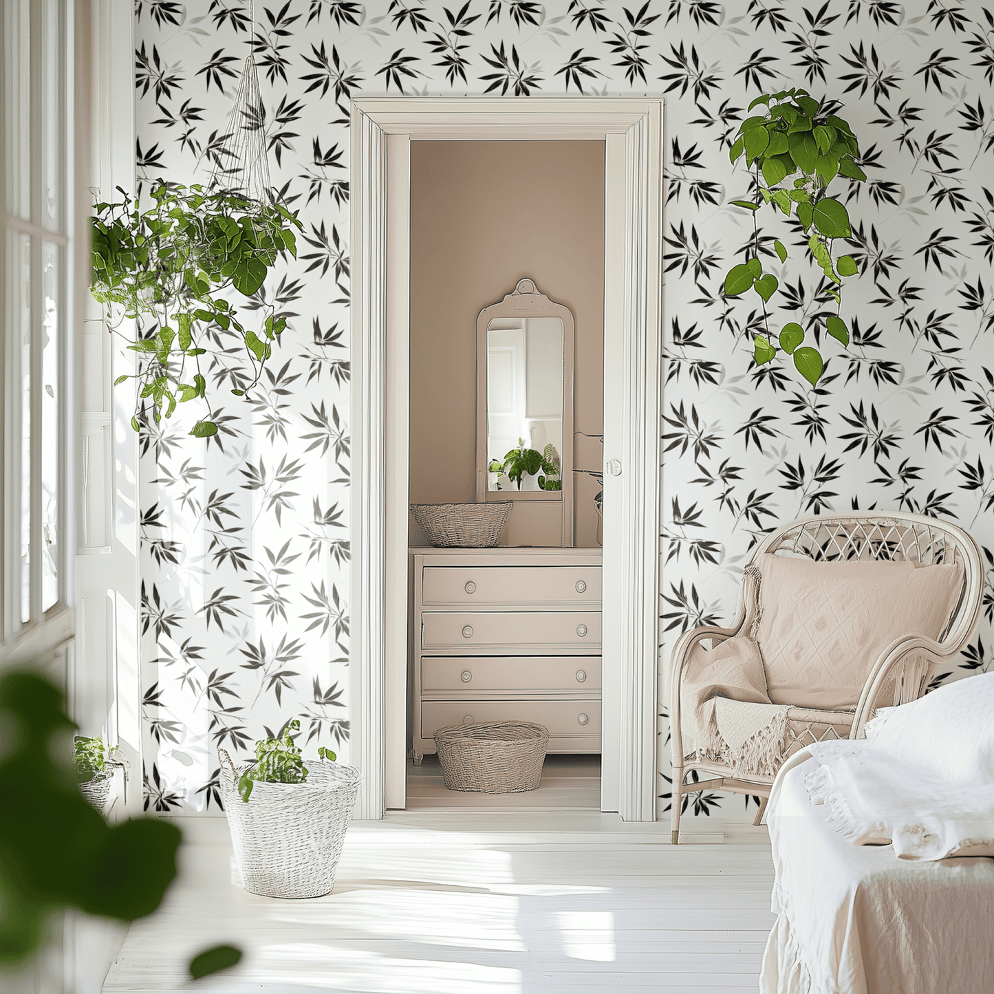 White Botanical Wallpaper shown in a second room with the ink fronds reading as contemporary modernist botanical statement