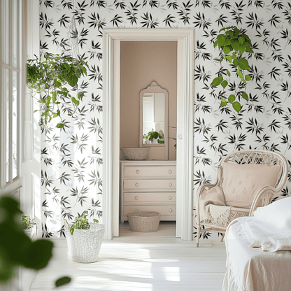 White Botanical Wallpaper shown in a second room with the ink fronds reading as contemporary modernist botanical statement