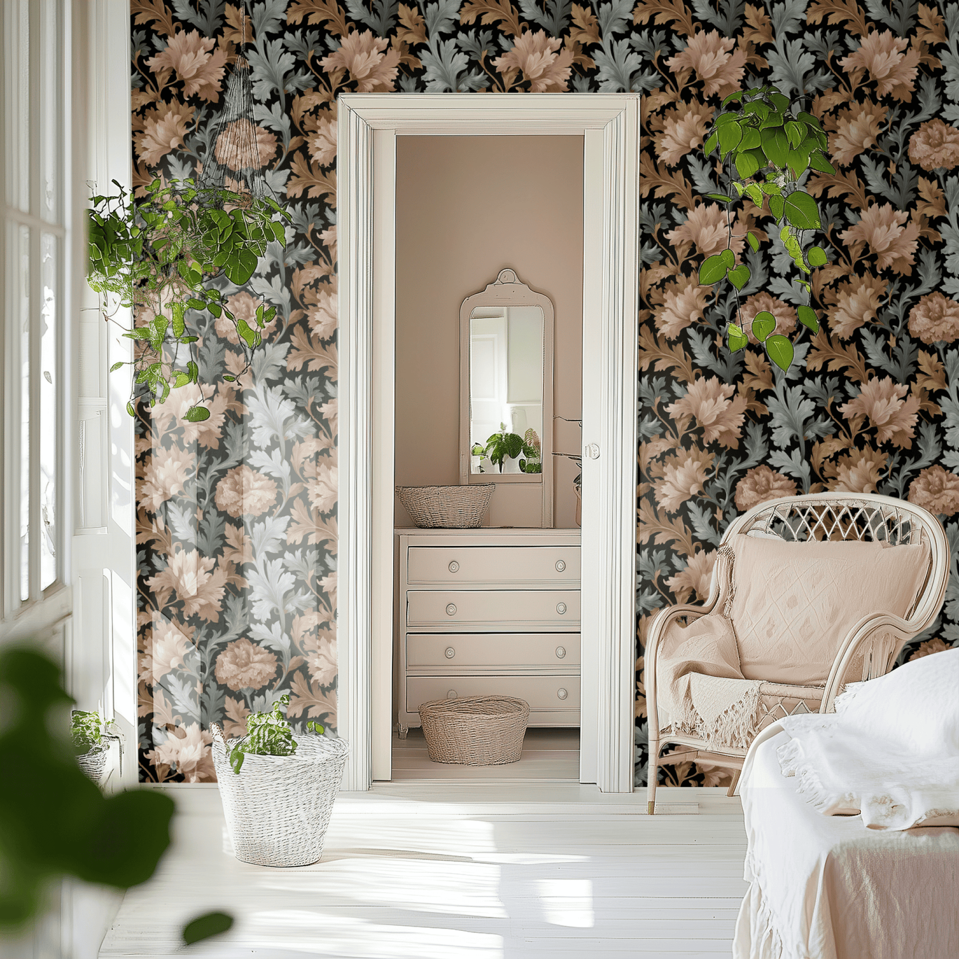 Black Floral Wallpaper shown in a second interior with the shadowy woodland reading as theatrical atmospheric decoration