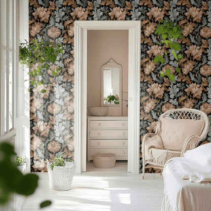 Black Floral Wallpaper shown in a second interior with the shadowy woodland reading as theatrical atmospheric decoration