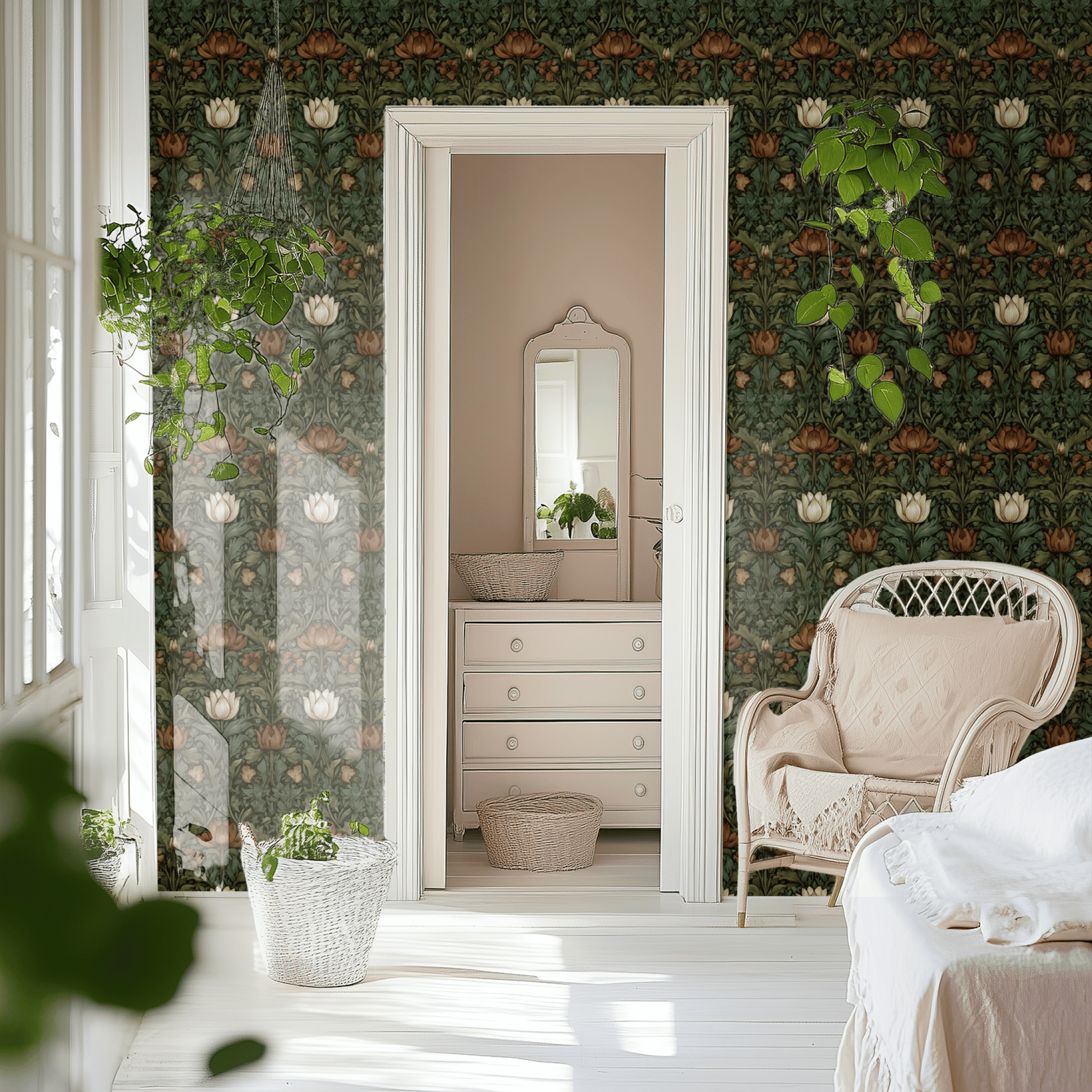 Green Floral Wallpaper shown in a second interior with the moody lotus reading as East-Asian-influenced atmospheric decoration