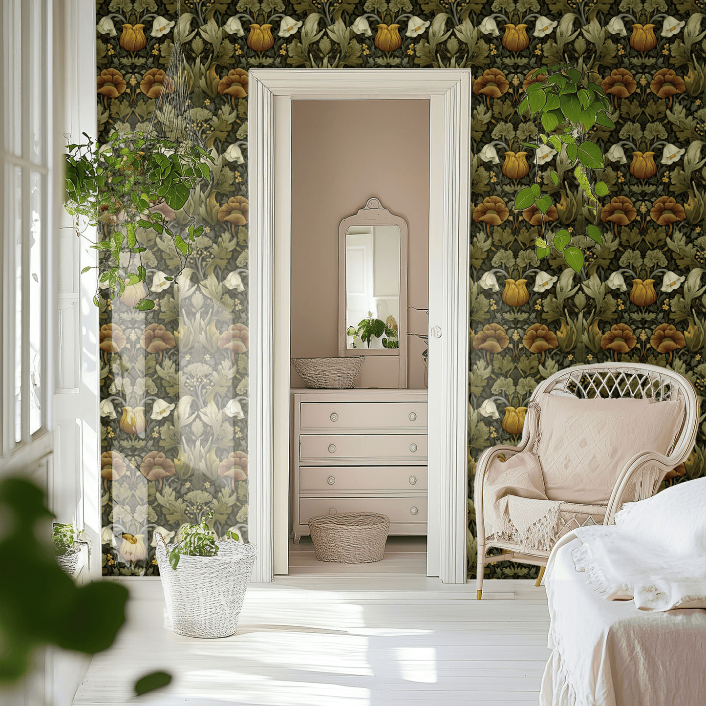 Green Floral Wallpaper shown in a second room with the moody petals reading as atmospheric Arts and Crafts decoration