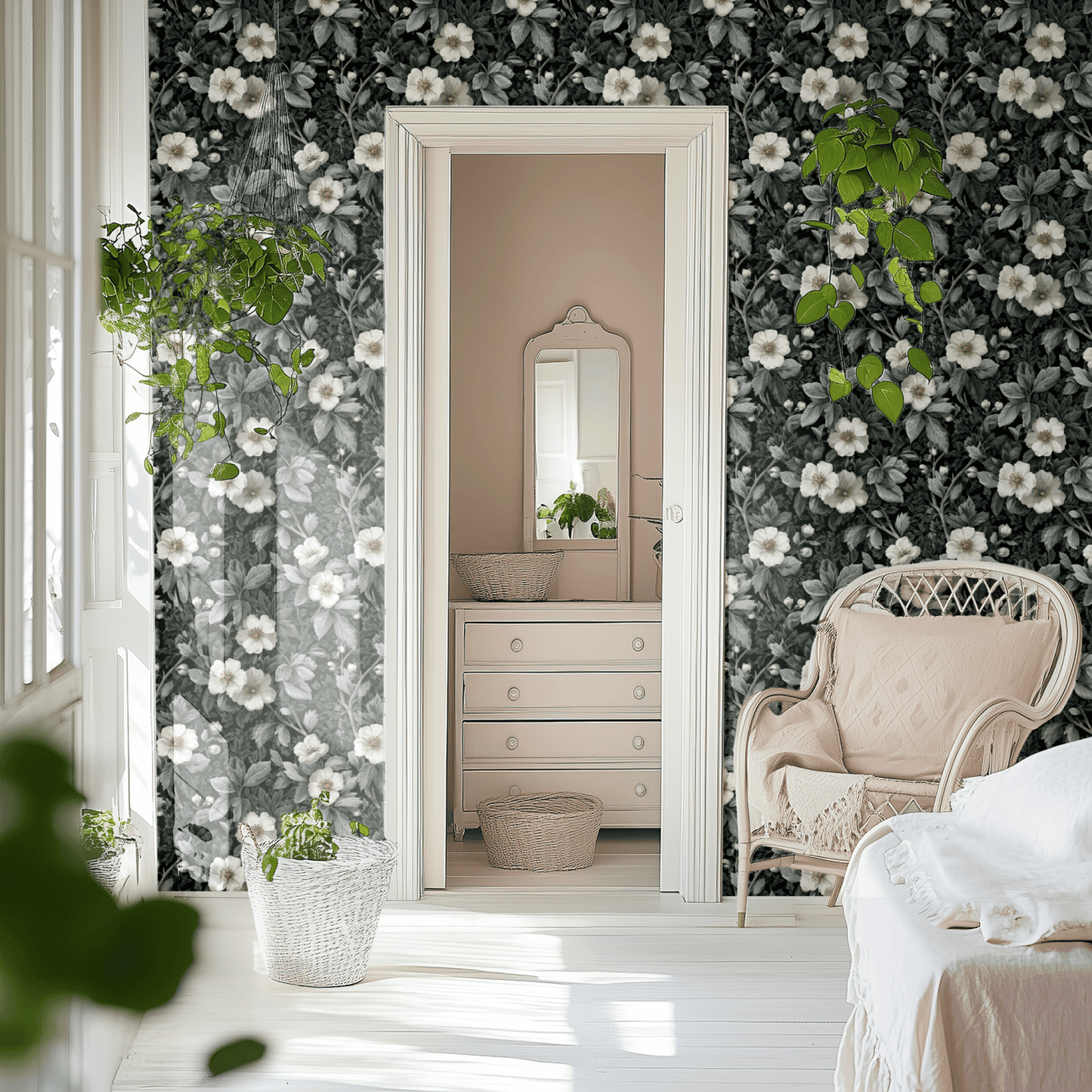 Green Floral Wallpaper shown in a second interior with the dark academia botanicals reading as atmospheric and library-style