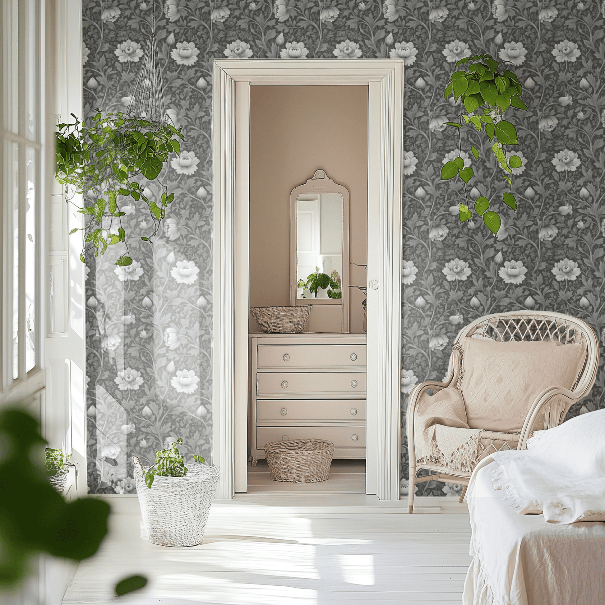 Grey Floral Wallpaper shown in a second room with the grey peonies reading as quietly traditional monochrome decoration