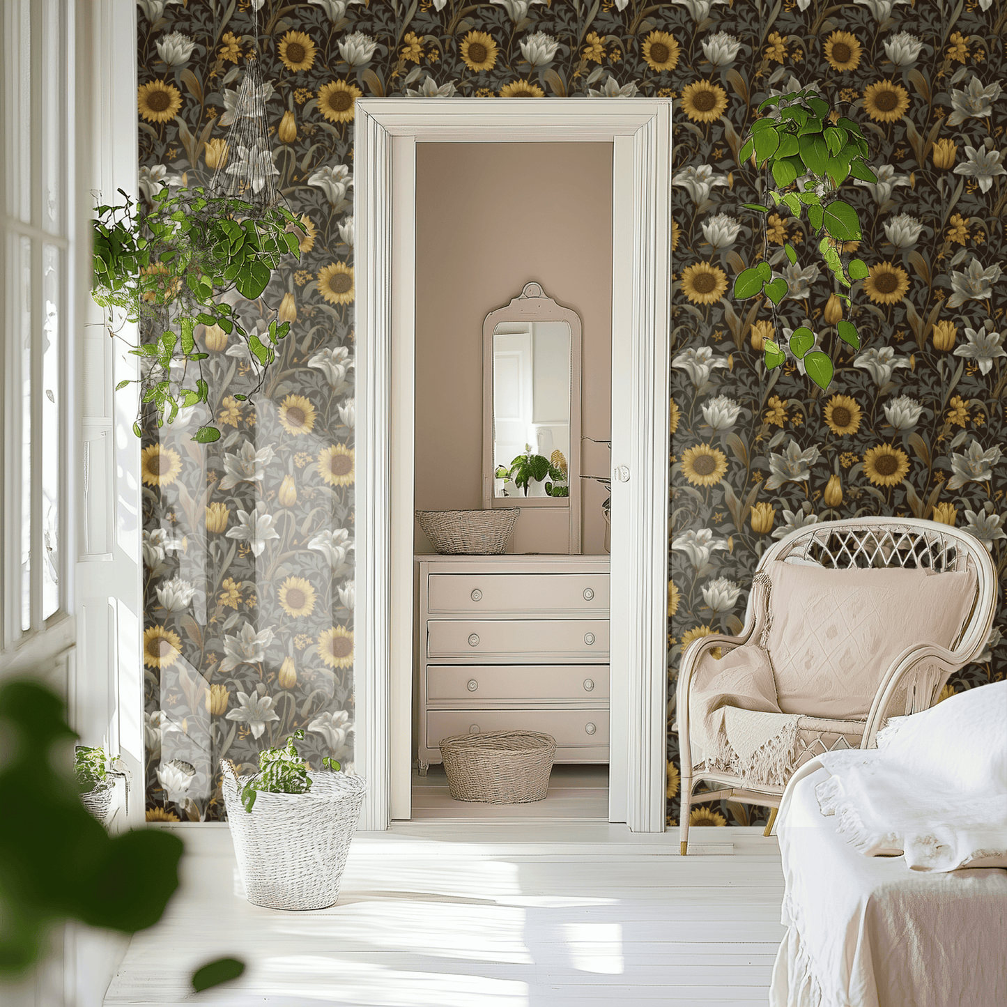 Brown Floral Wallpaper shown in a second interior with the deep brown moody sunflowers reading as warmly Aesthetic-Movement decoration