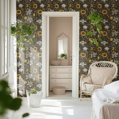 Brown Floral Wallpaper shown in a second interior with the deep brown moody sunflowers reading as warmly Aesthetic-Movement decoration