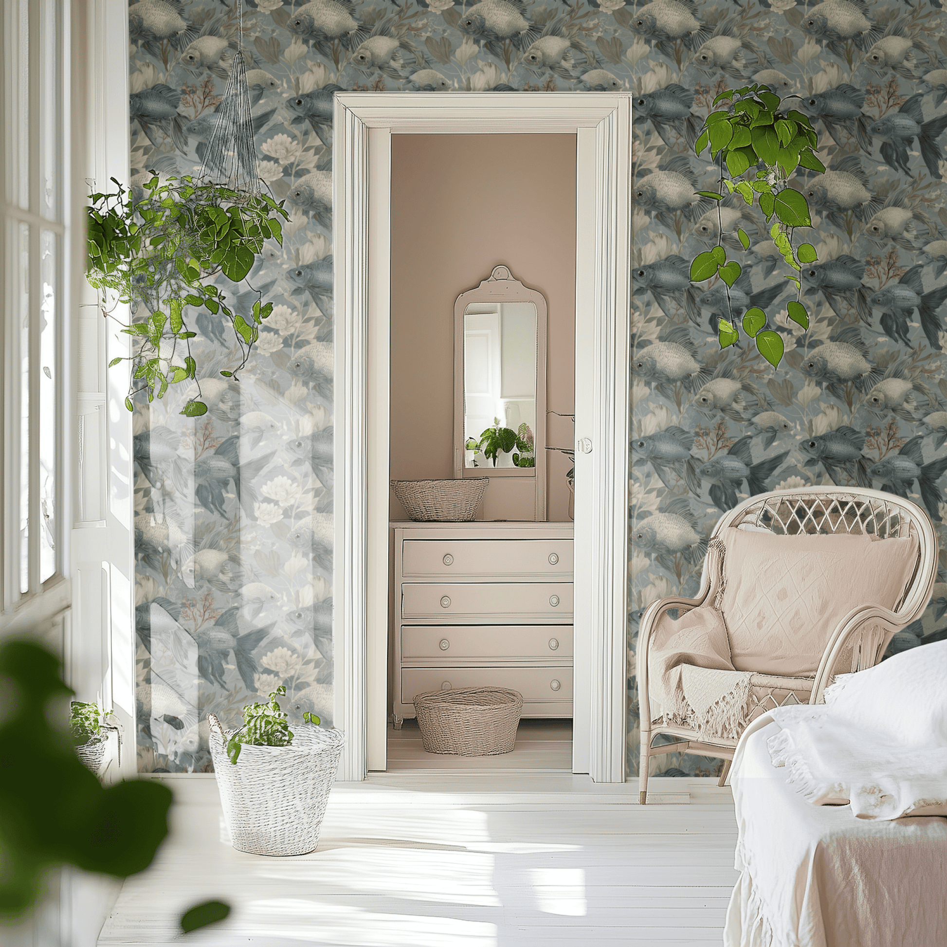 Blue Animal Print Wallpaper shown in a second interior with the scales and lotus reading as Japanese-decorative quiet pond pattern
