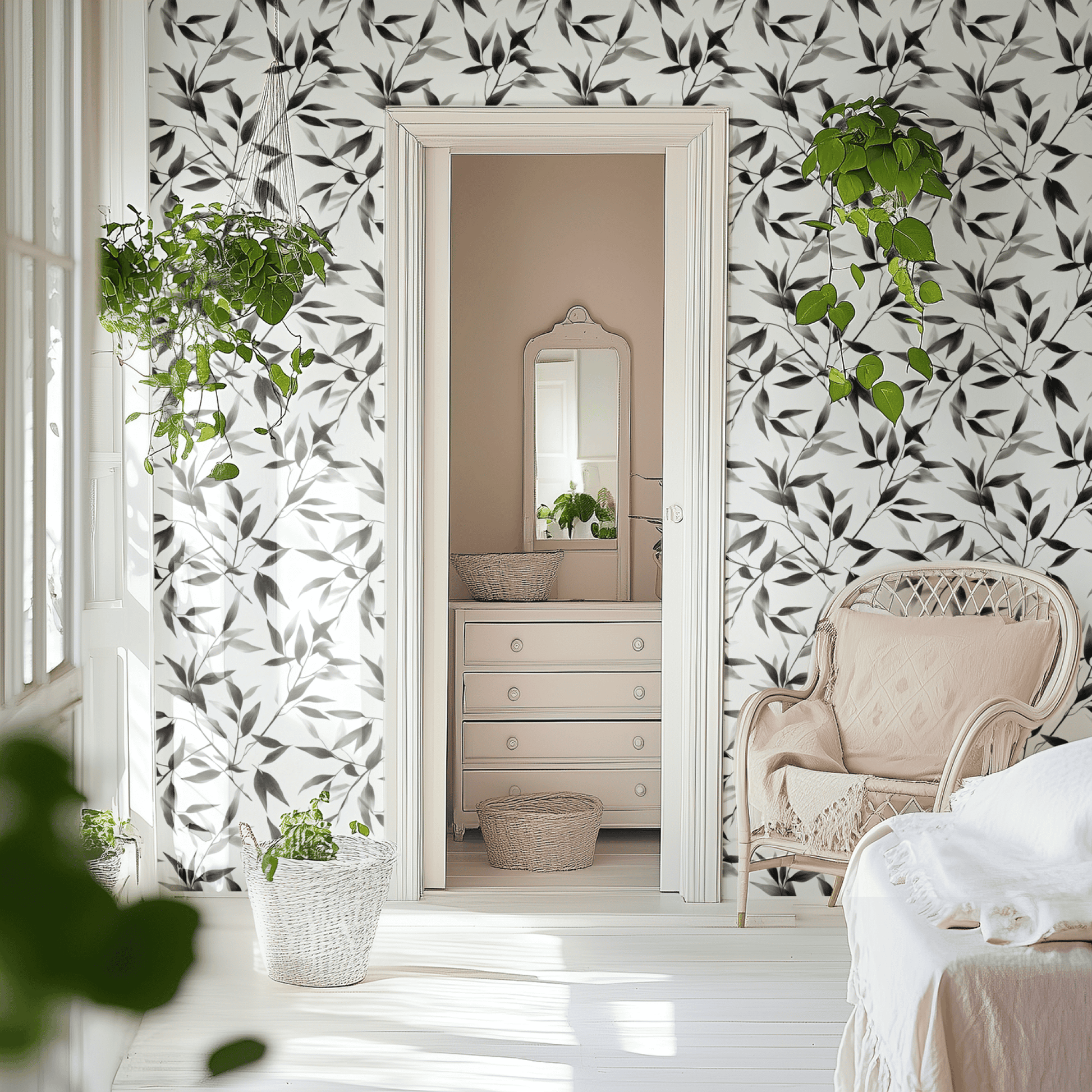 White Botanical Wallpaper shown in a second room with the greyscale bamboo reading as East-Asian-influenced quiet decoration