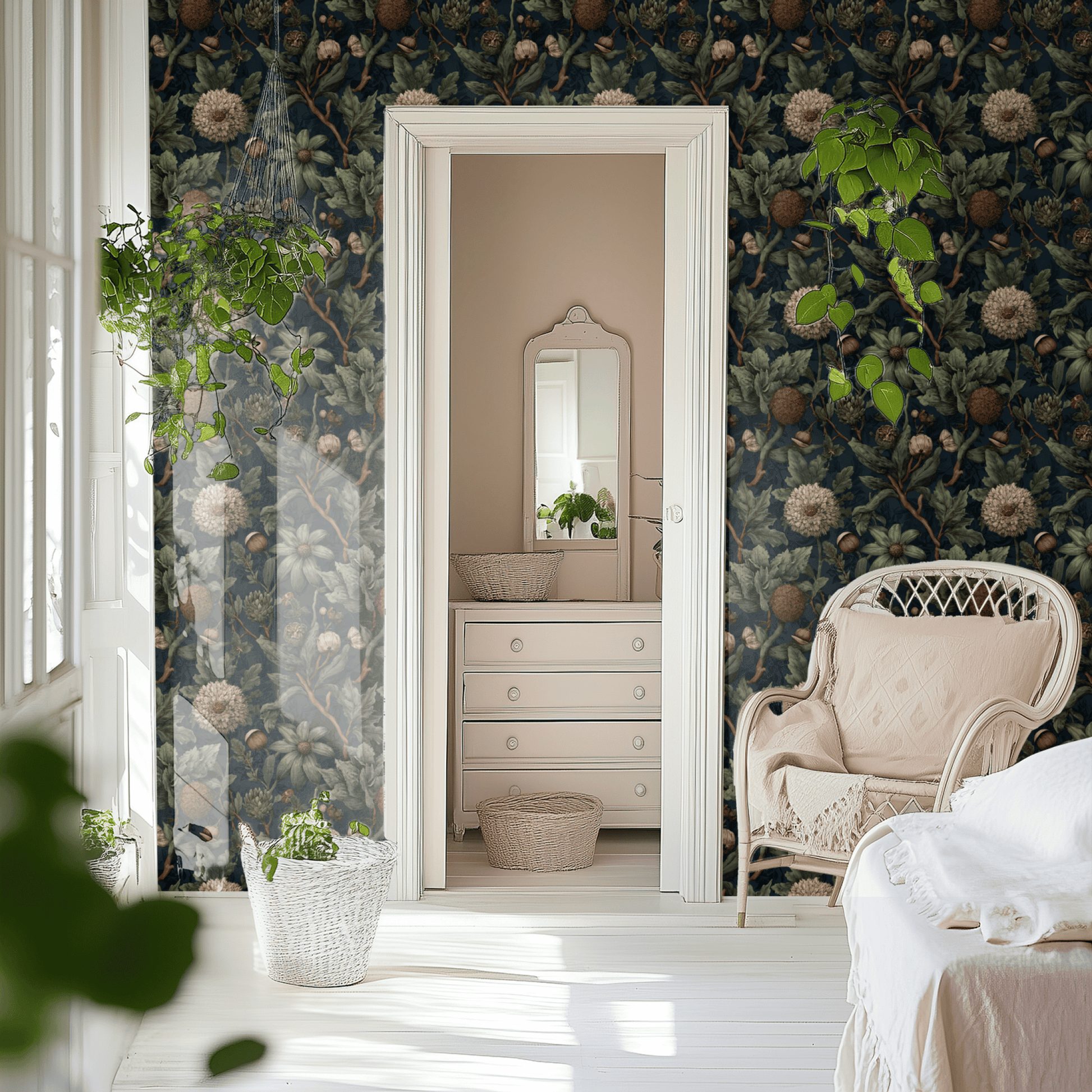 Blue Botanical Wallpaper installed in a room interior with dark academia dark botanical etched florals in olive and blue Victorian palette