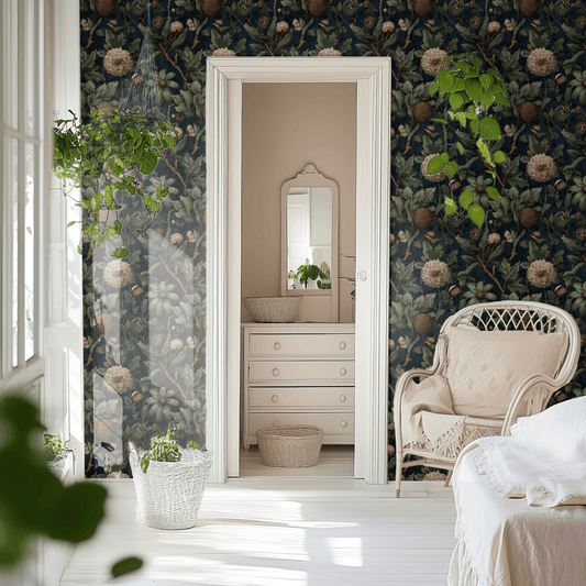 Olive Etched wallpaper with dark academia dark botanical etched florals in olive and blue Victorian palette, shown installed on a living-room wall at room scale