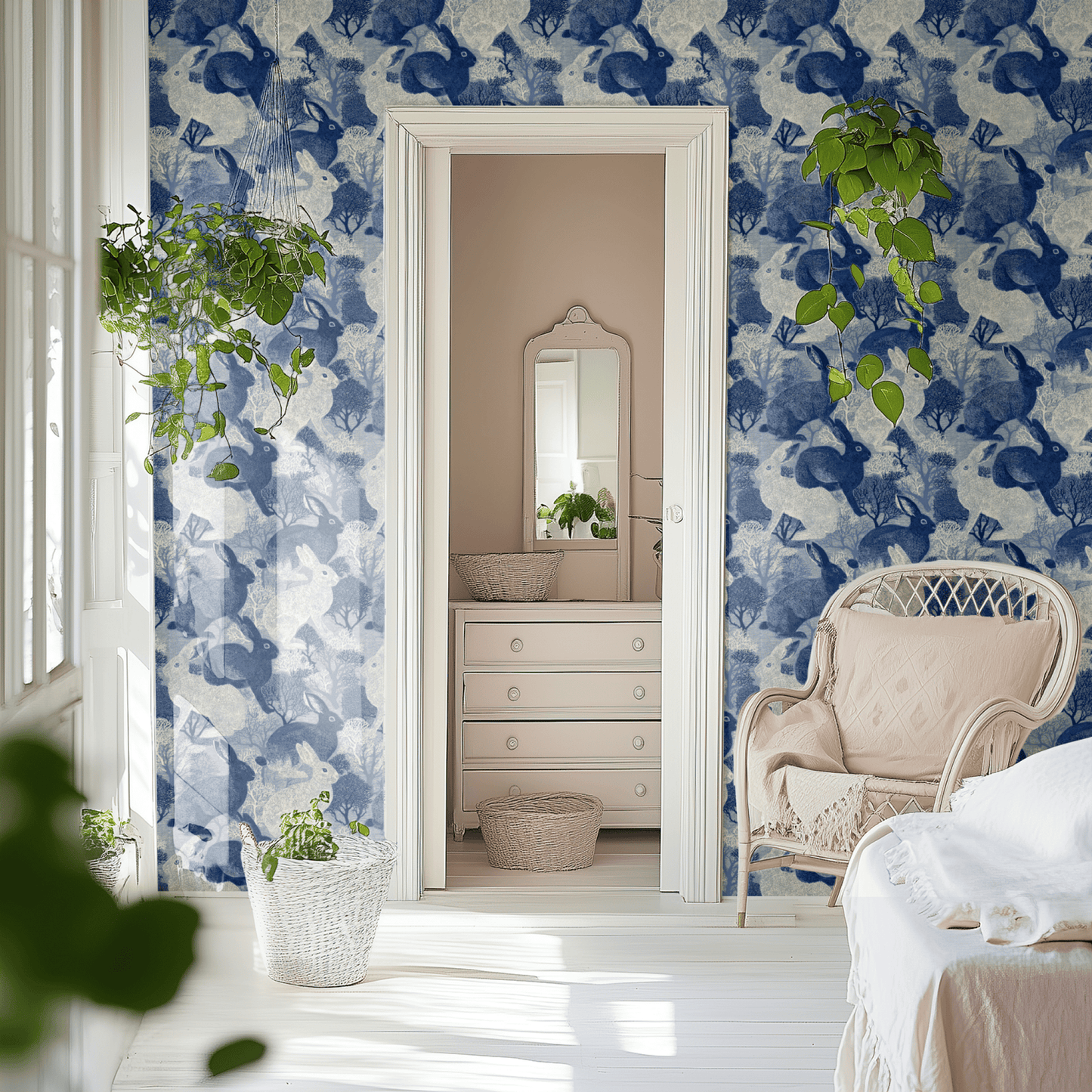 Blue Forest Animal Print shown in a second room with the woodland hares and trees giving the wall an English-country woodland atmosphere