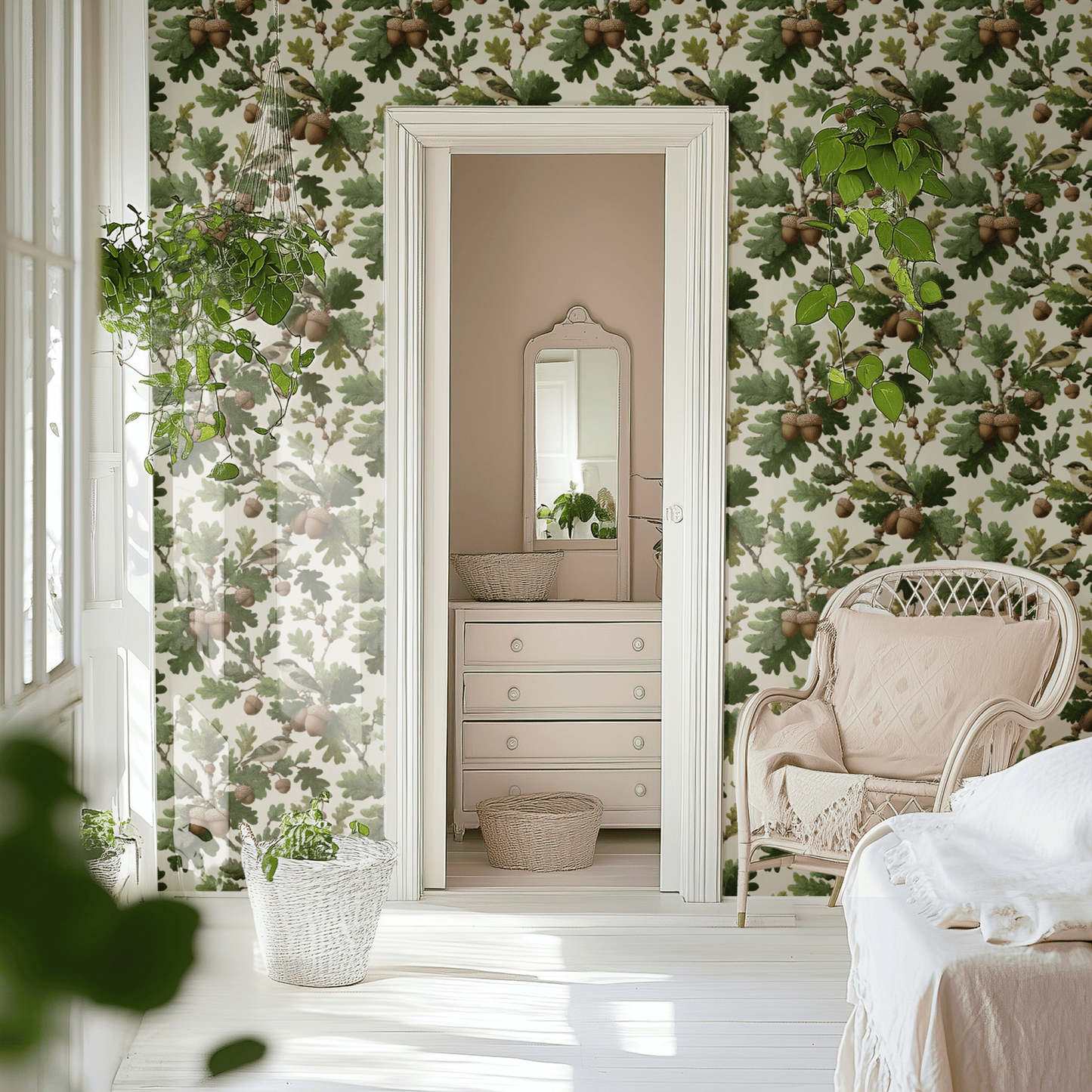 Cream Bird Pattern Wallpaper shown in a second room with the verdant acorns reading as warmly natural English-country decoration