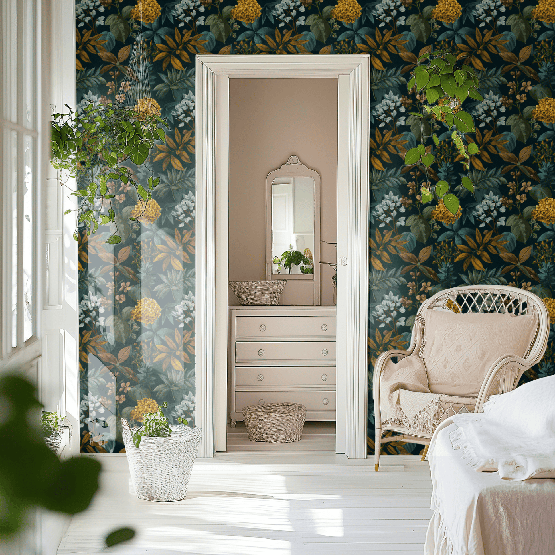 Green Botanical Wallpaper shown in a second room with the dark botanical etching reading as serious library-style atmospheric decoration