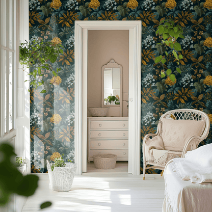 Green Botanical Wallpaper shown in a second room with the dark botanical etching reading as serious library-style atmospheric decoration