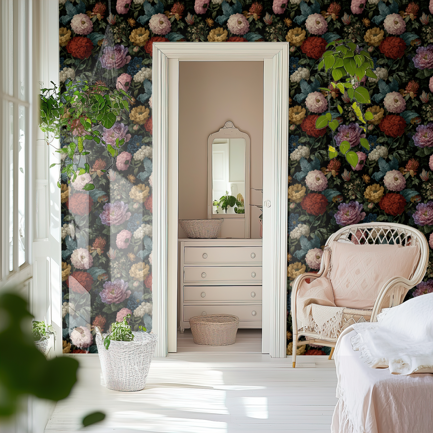 Black Floral Wallpaper shown in a second room with the moody petals reading as atmospheric night-room decoration