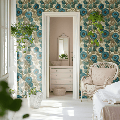 Green Floral Wallpaper shown in a second interior with the stylized chrysanthemums reading as Japanese-influenced Arts and Crafts decoration