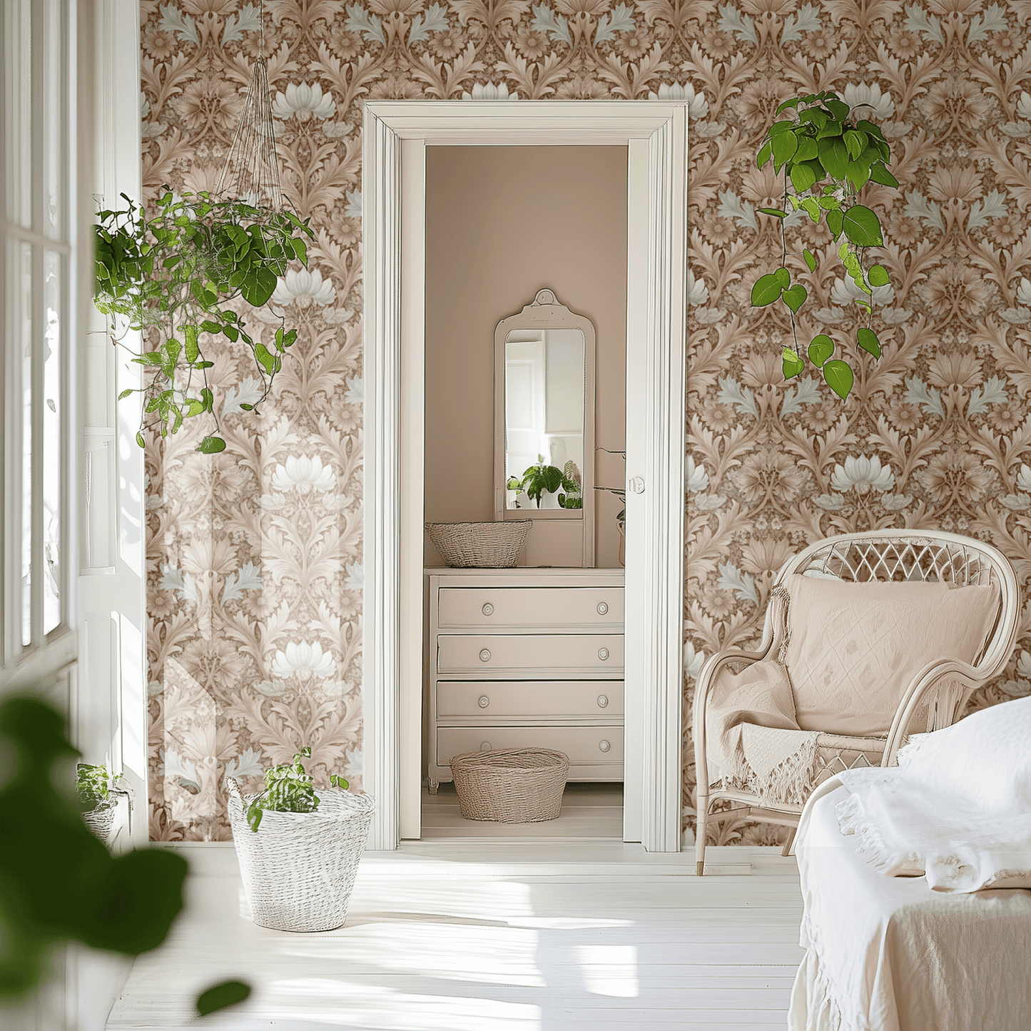 Brown Floral Wallpaper shown in a second room with the sepia lotus reading as antique-toned traditional decoration