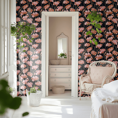 Green Floral Wallpaper shown in a second interior with the roseate artistry reading as period-rich decorative art nouveau