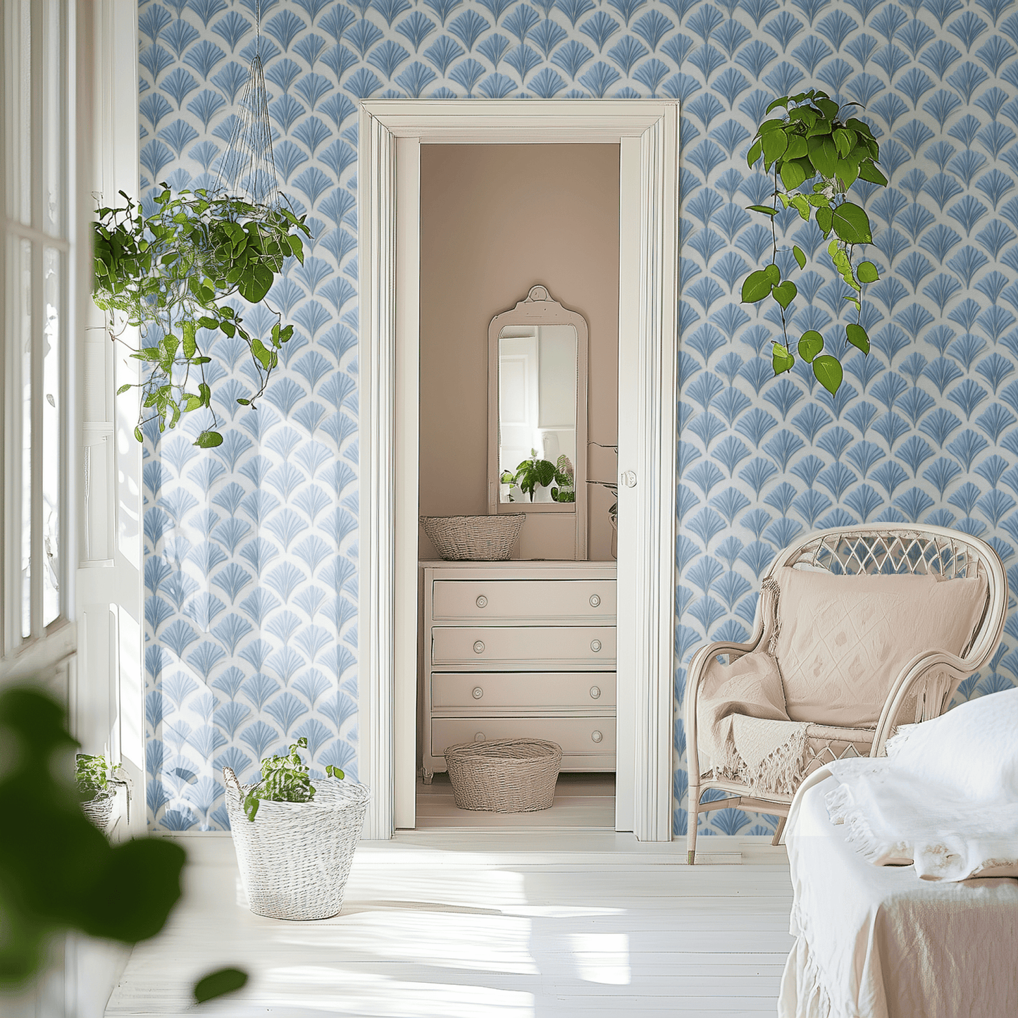 Blue Geometric Wallpaper shown in a second room with the gingko leaves reading as Japanese-influenced Art Deco decoration