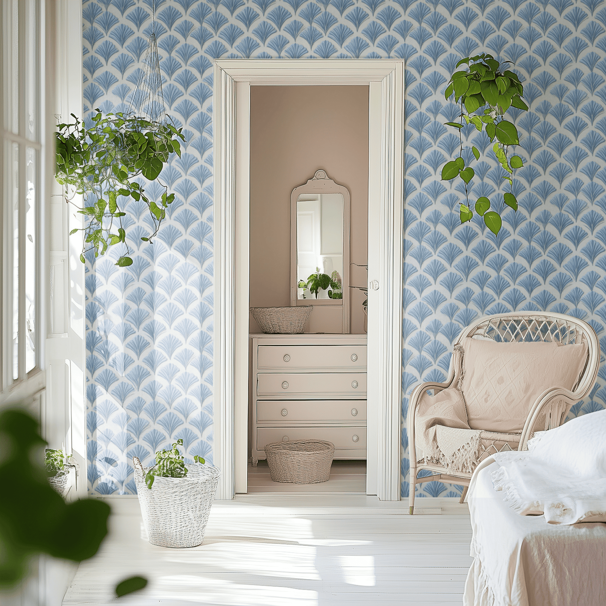 Blue Geometric Wallpaper shown in a second room with the gingko leaves reading as Japanese-influenced Art Deco decoration