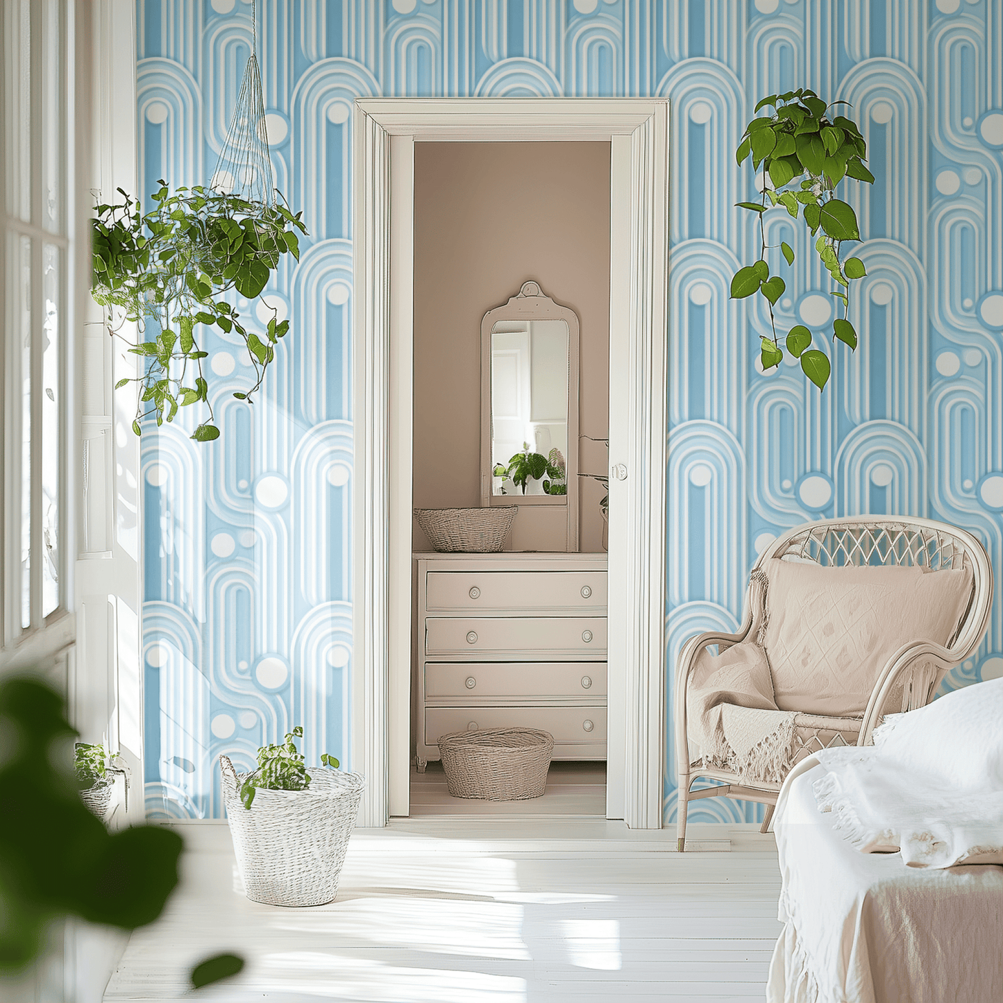 Blue Geometric Wallpaper shown in a second room with the sky arches reading as architectural soft Mid-Century decoration