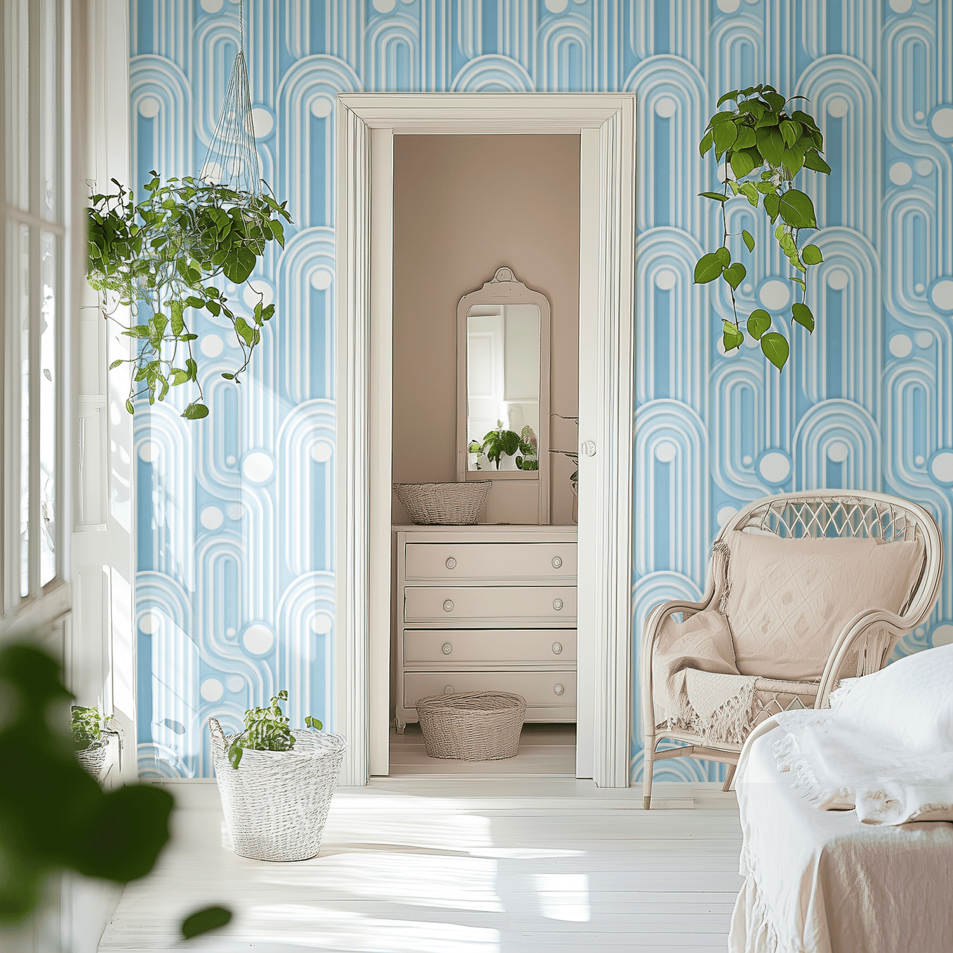 Blue Geometric Wallpaper shown in a second room with the sky arches reading as architectural soft Mid-Century decoration