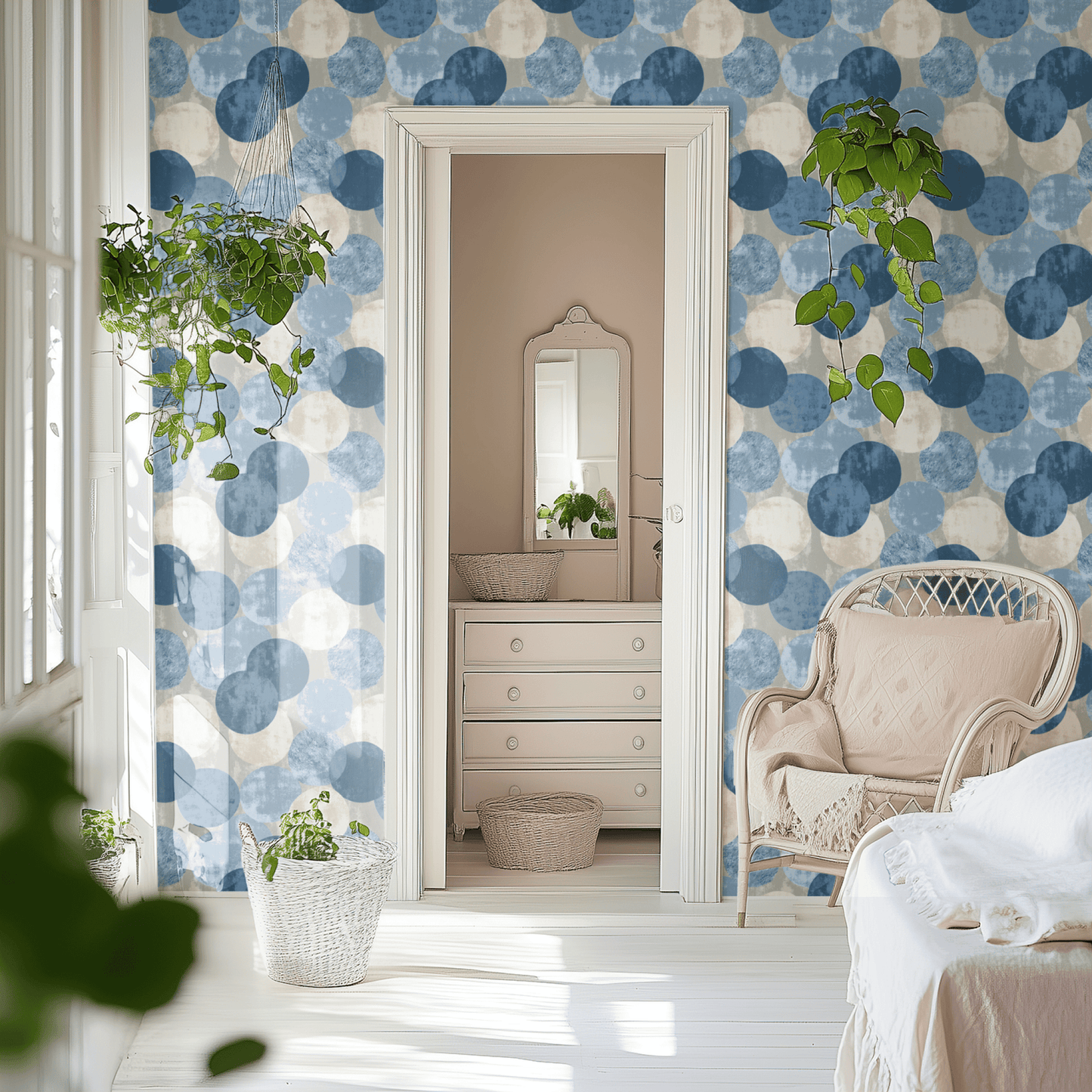 Blue Geometric Wallpaper shown in a second interior with the grunge indigo reading as contemporary urban modernist decoration