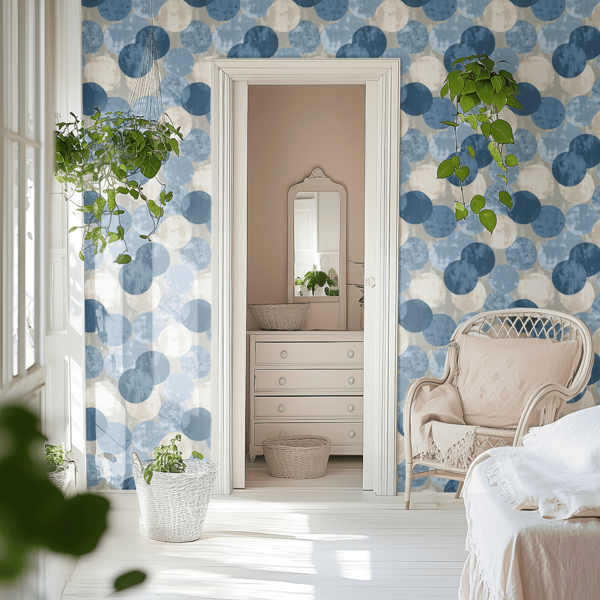 Blue Geometric Wallpaper shown in a second interior with the grunge indigo reading as contemporary urban modernist decoration