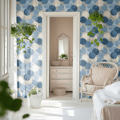 Blue Geometric Wallpaper shown in a second interior with the grunge indigo reading as contemporary urban modernist decoration