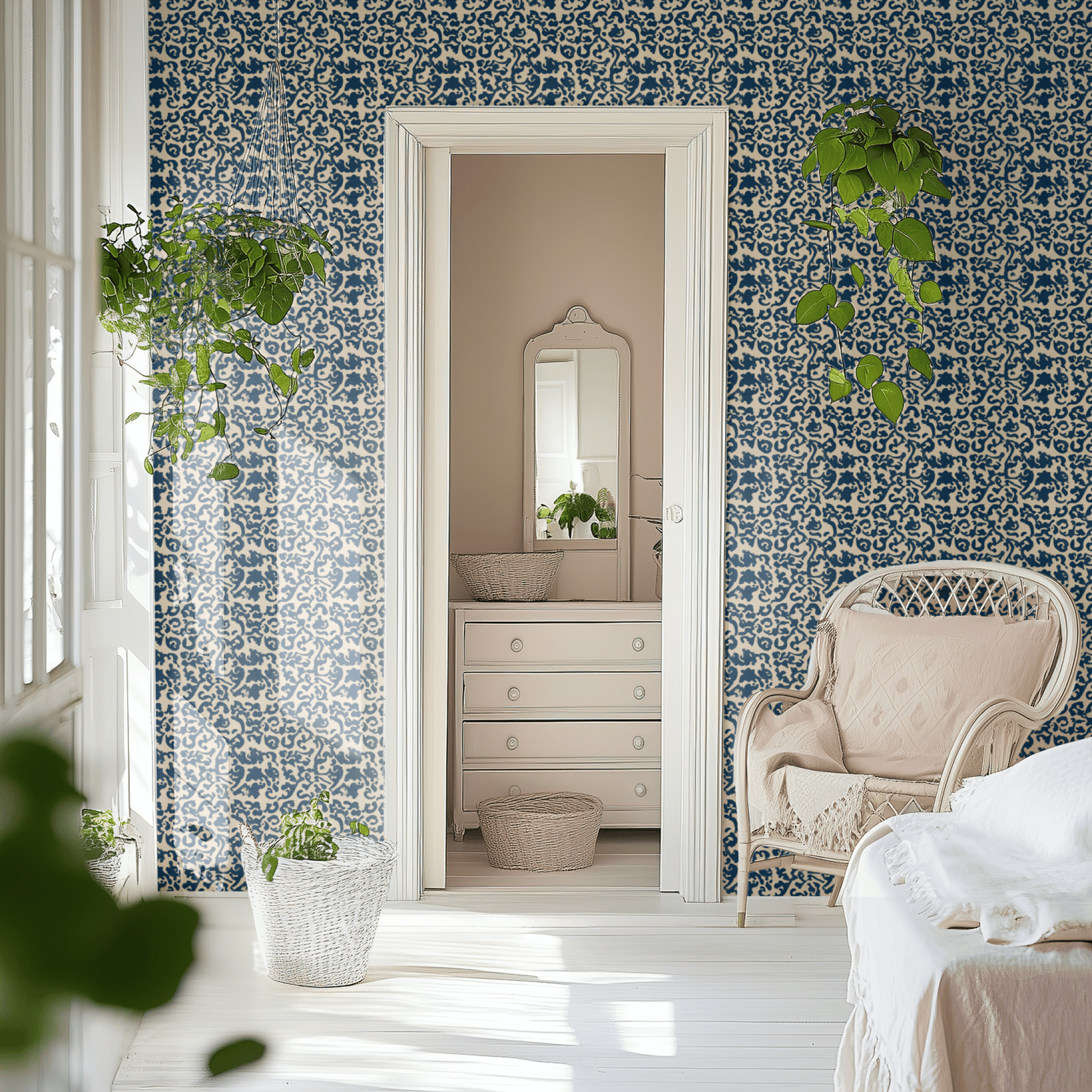 Blue Abstract Wallpaper shown in a second interior with the sapphire paisley reading as warmly hand-printed traditional decoration