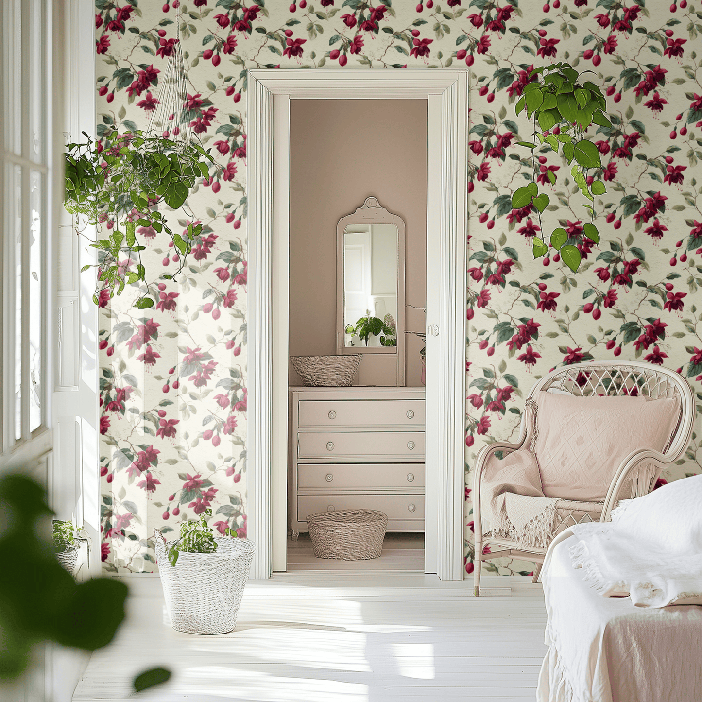 Cream Floral Wallpaper shown in a second interior with the burgundy garden florals reading as warmly traditional