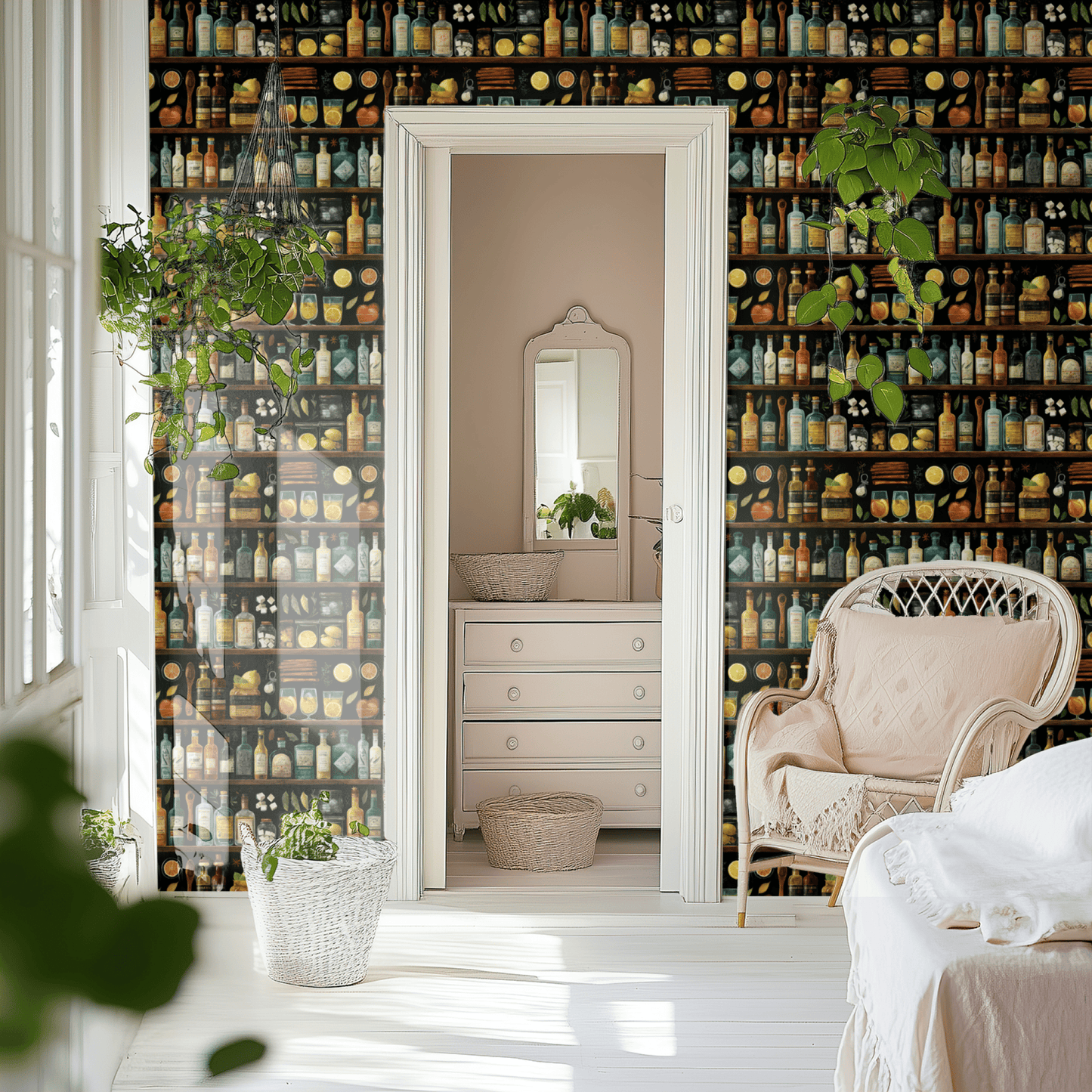 Black Wallpaper shown in a second room with the whimsical cocktails reading as playful bar-area decoration