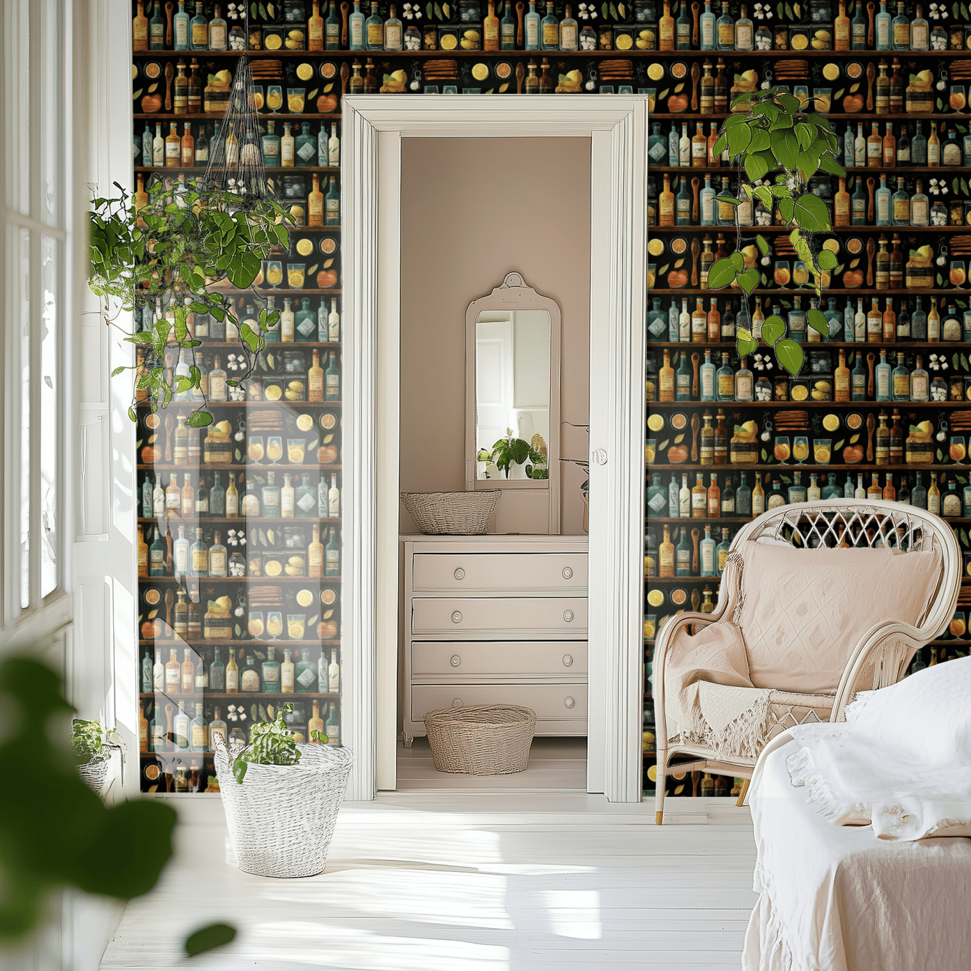 Black Wallpaper shown in a second room with the whimsical cocktails reading as playful bar-area decoration