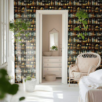 Black Wallpaper shown in a second room with the whimsical cocktails reading as playful bar-area decoration