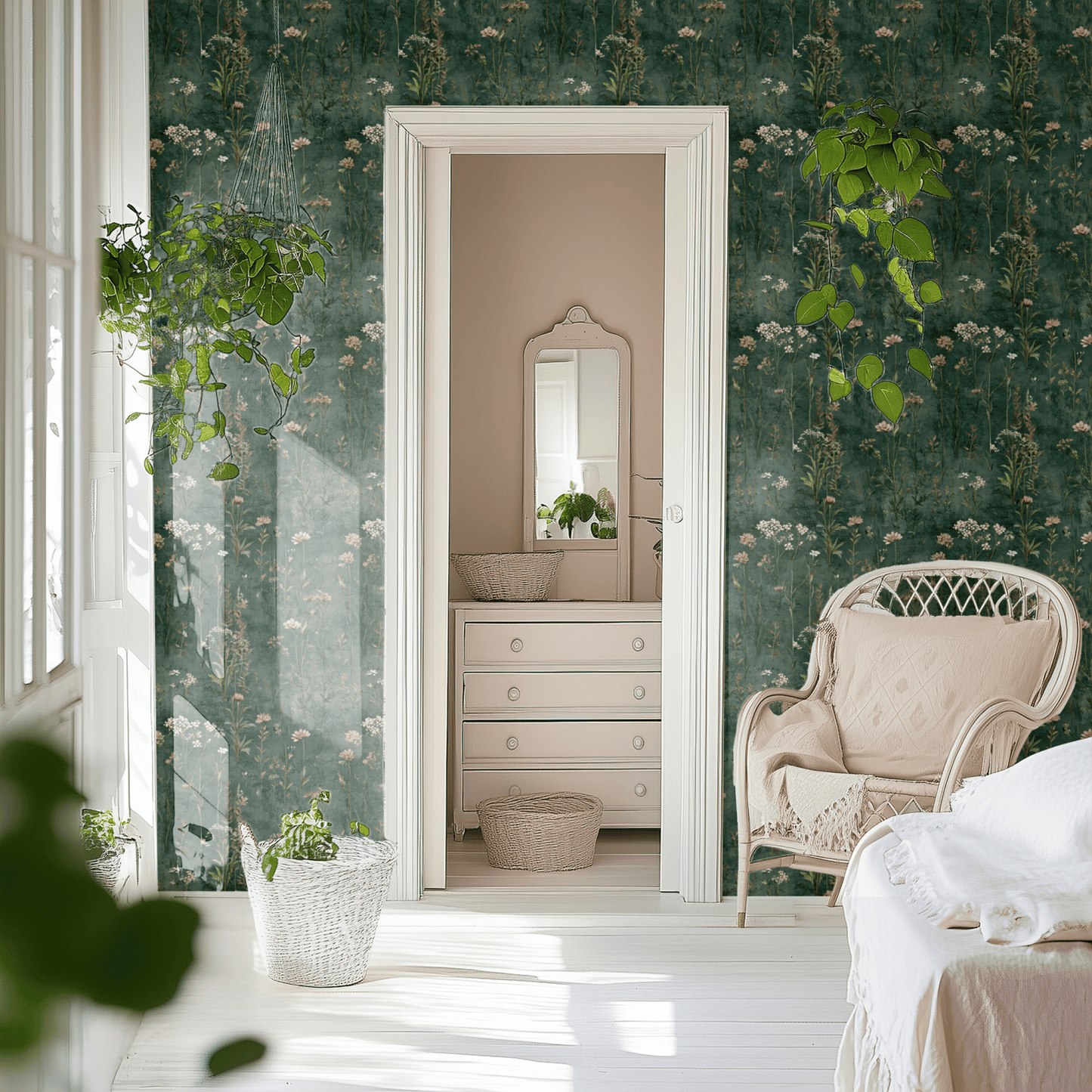 Green Floral Wallpaper shown in a second room with the cracked verdure giving the wall an aged country-cottage botanical character