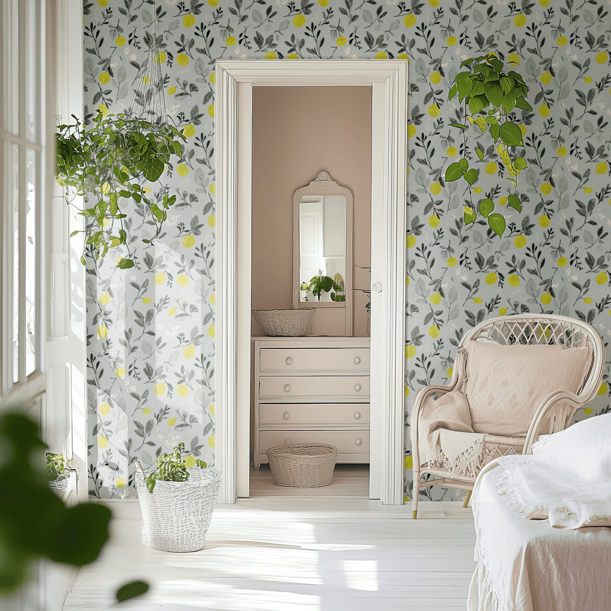 Blue Botanical Wallpaper shown in a second room with the citrus and foliage giving the wall a fresh kitchen-appropriate botanical character
