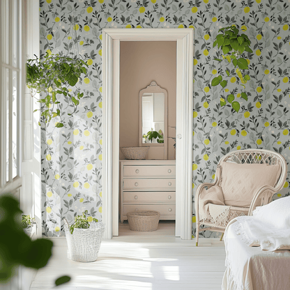 Blue Botanical Wallpaper shown in a second room with the citrus and foliage giving the wall a fresh kitchen-appropriate botanical character